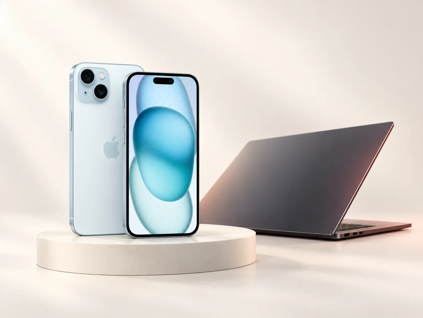 Синий iPhone и ноутбук
